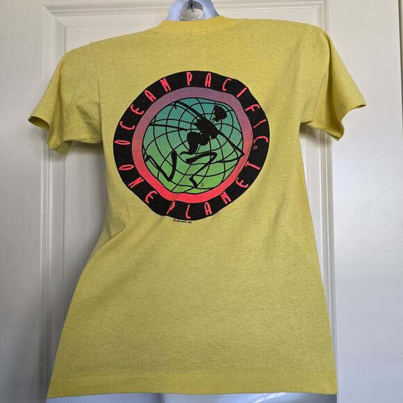 OP Vintage Retro 90's Yellow Ocean Pacific One Planet Graphic T-Shirt Size M - Picture 3 of 9